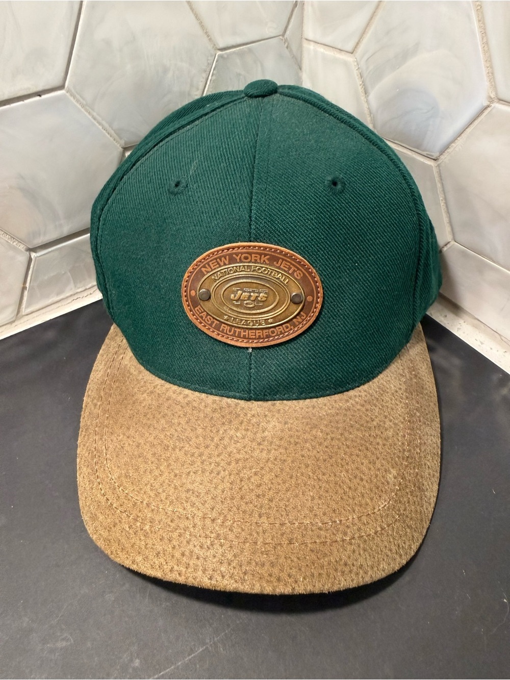 American Needle New York Jets Hat Adjustable Metal Logo Faux Suede Visor NFL